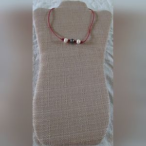 New Handmade 3 Pearl & Dark Red Leather Necklace